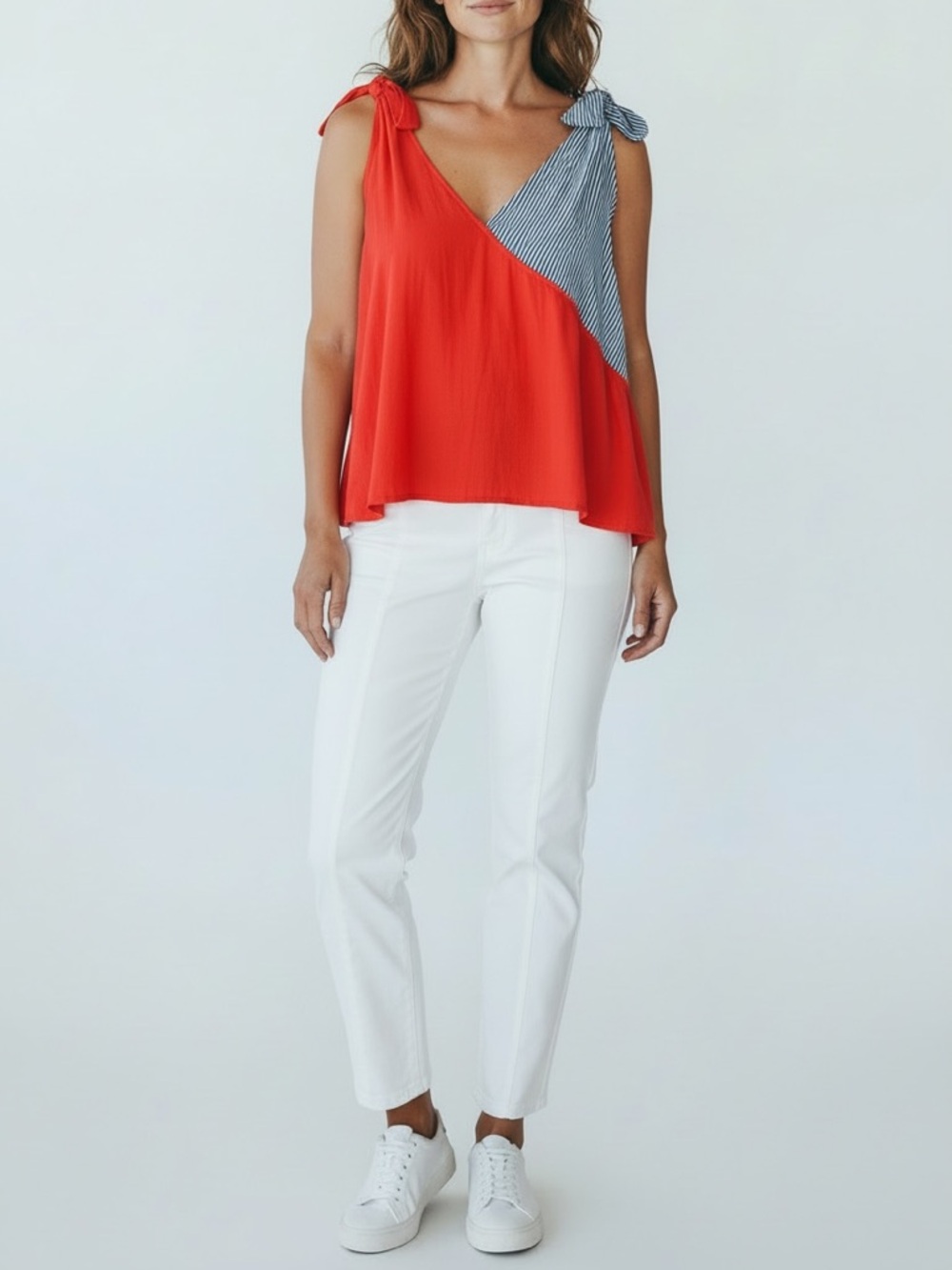 Sugarfox  Red & Blue Stripe Tie-Shoulder Tank